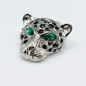 Silver Leopard Head Brooch with Hand set White Crystals and Green Crystal Eyes